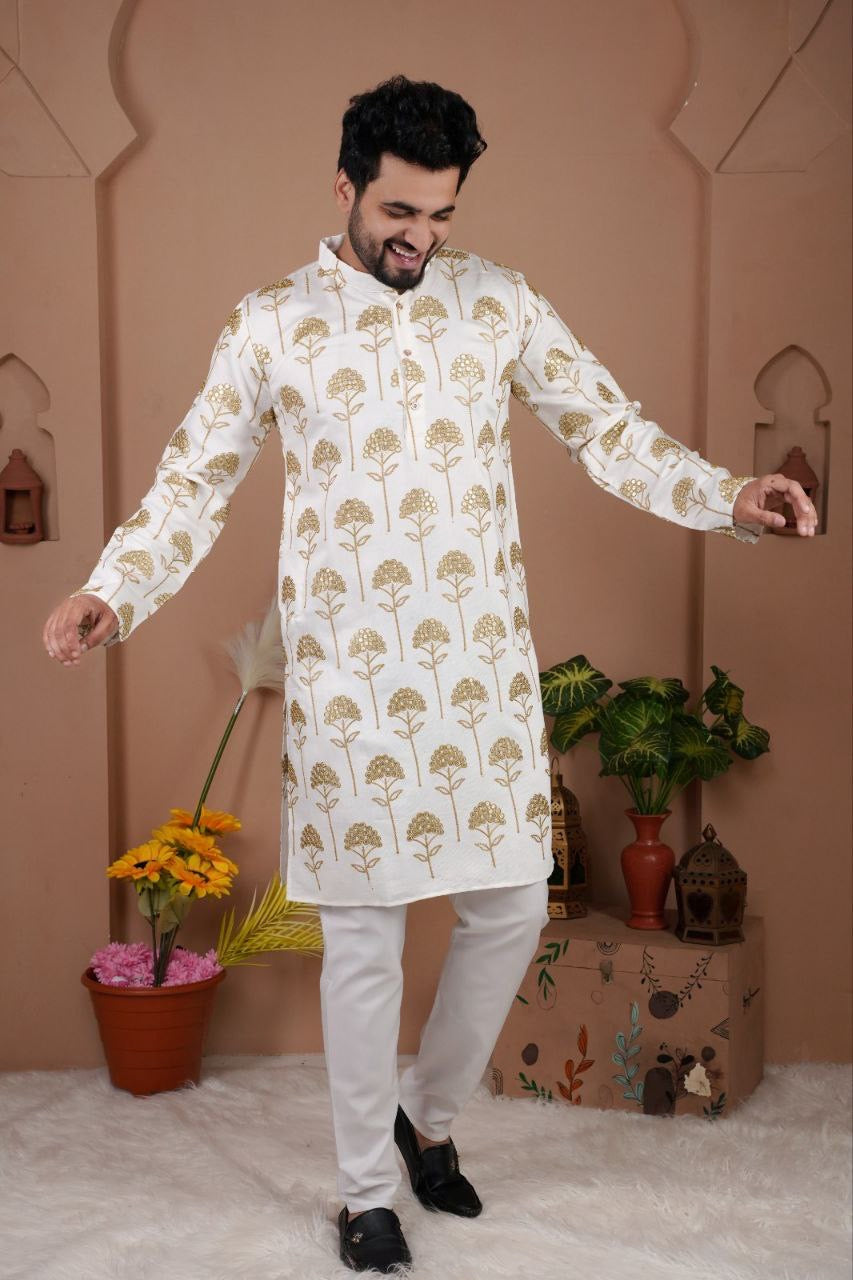 Men’s Cotton Silk Embroidered Kurta