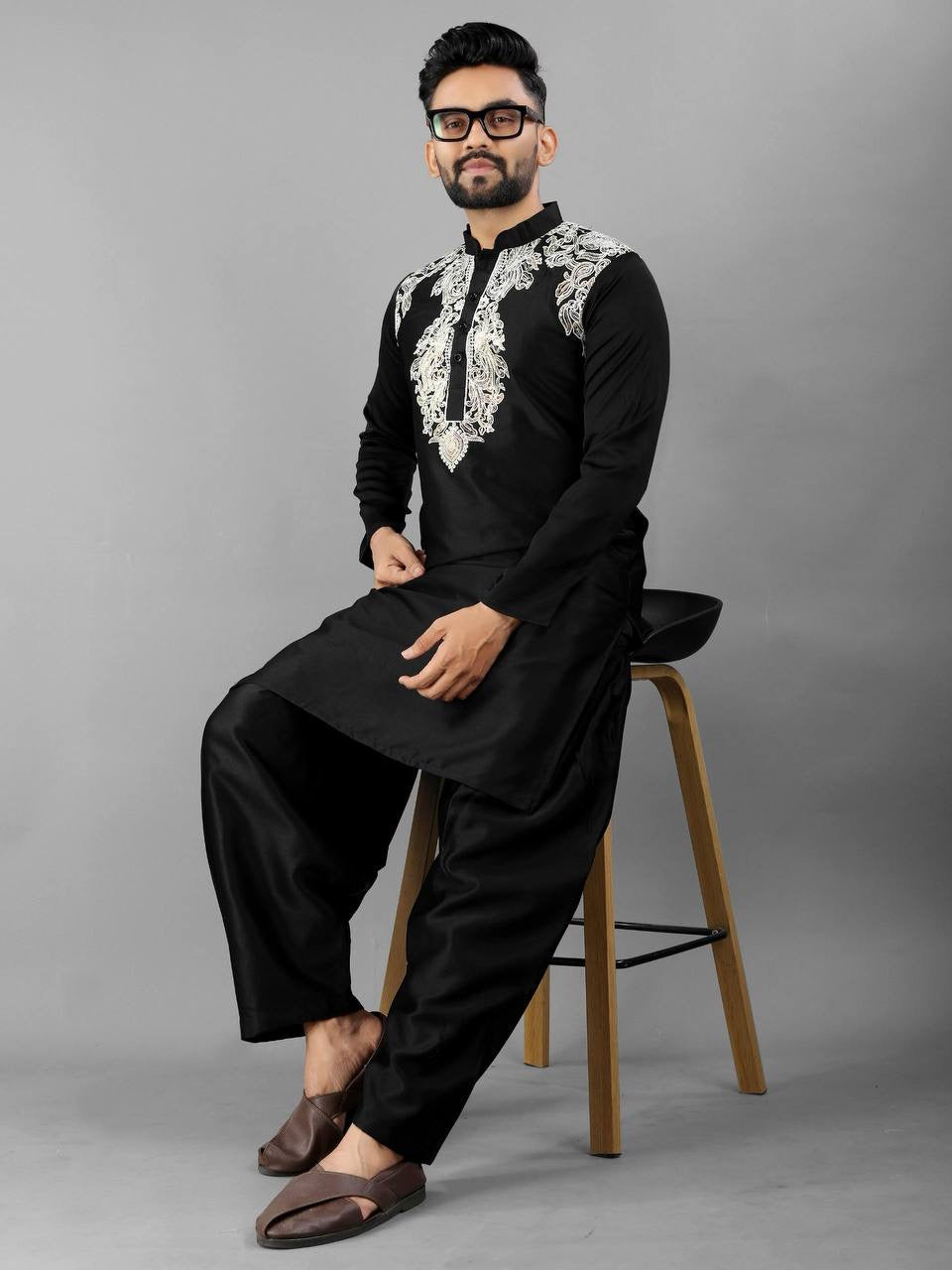 Embroidered Cotton Silk Kurta Set