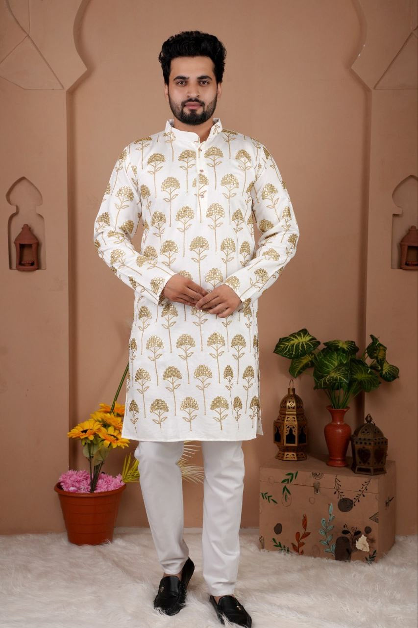 Men’s Cotton Silk Embroidered Kurta