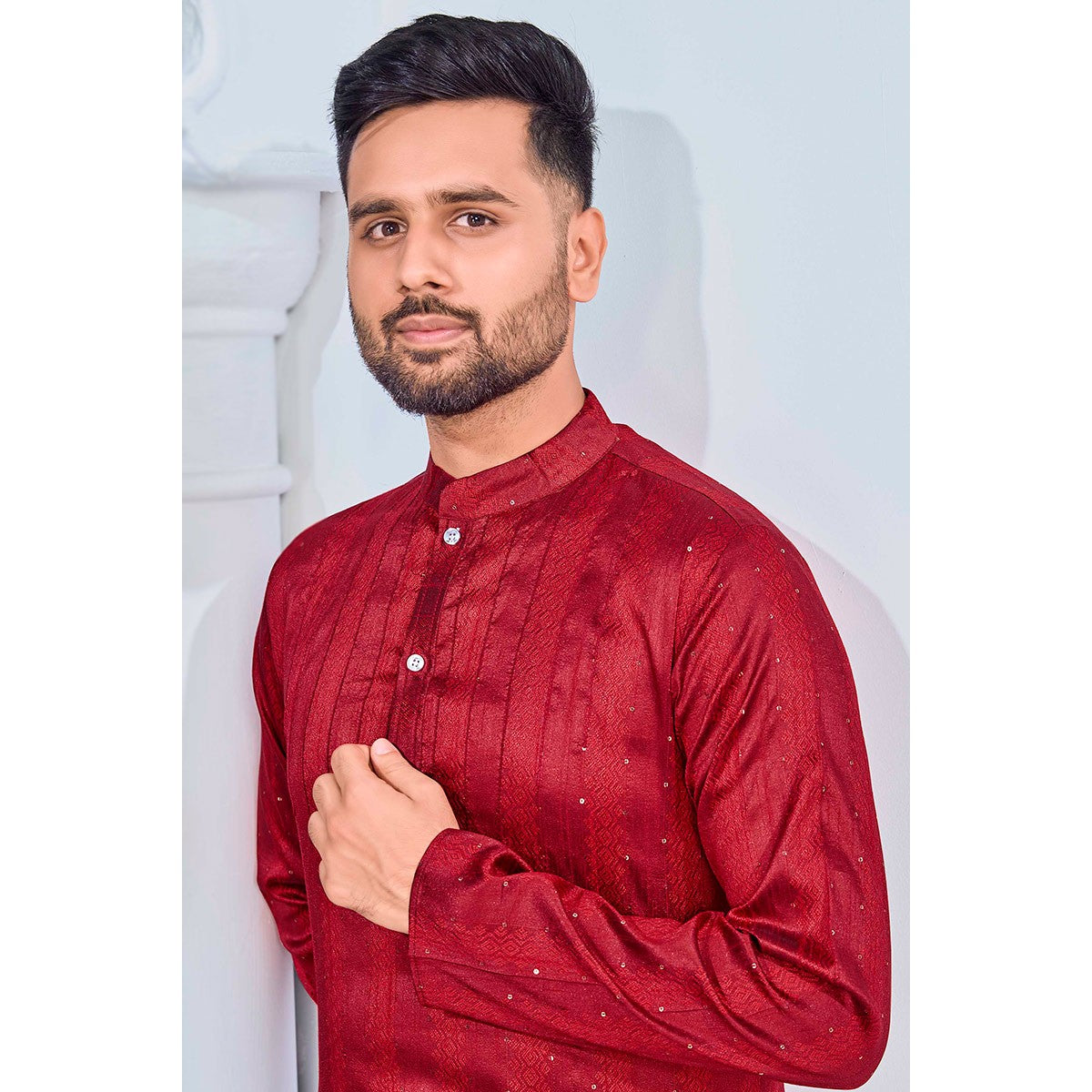 Cherry Red Jacquard Silk Kurta with Pyjamas Pants HOUSE OF KURTAS