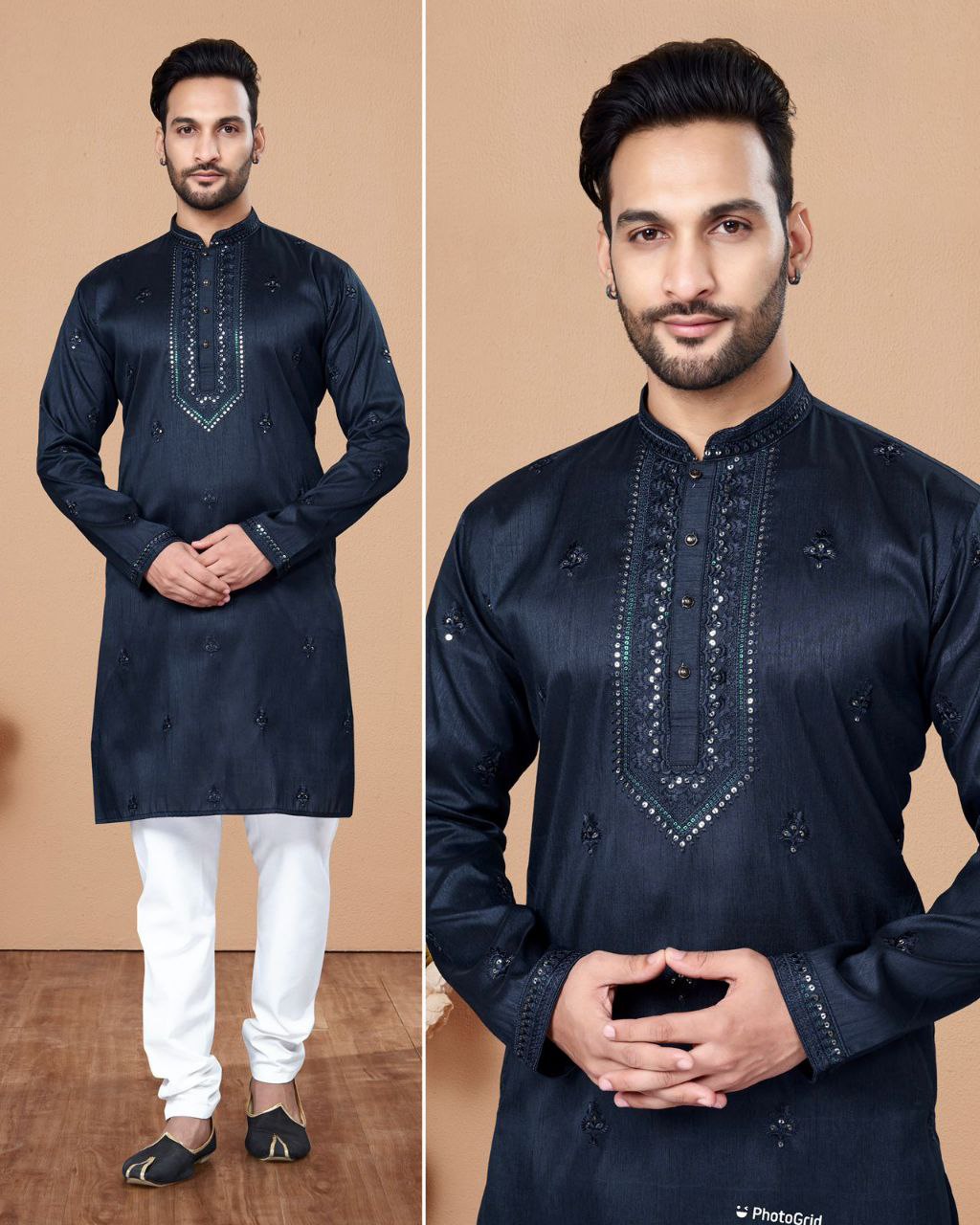 Blue Emboridered Straight Kurta with Panst