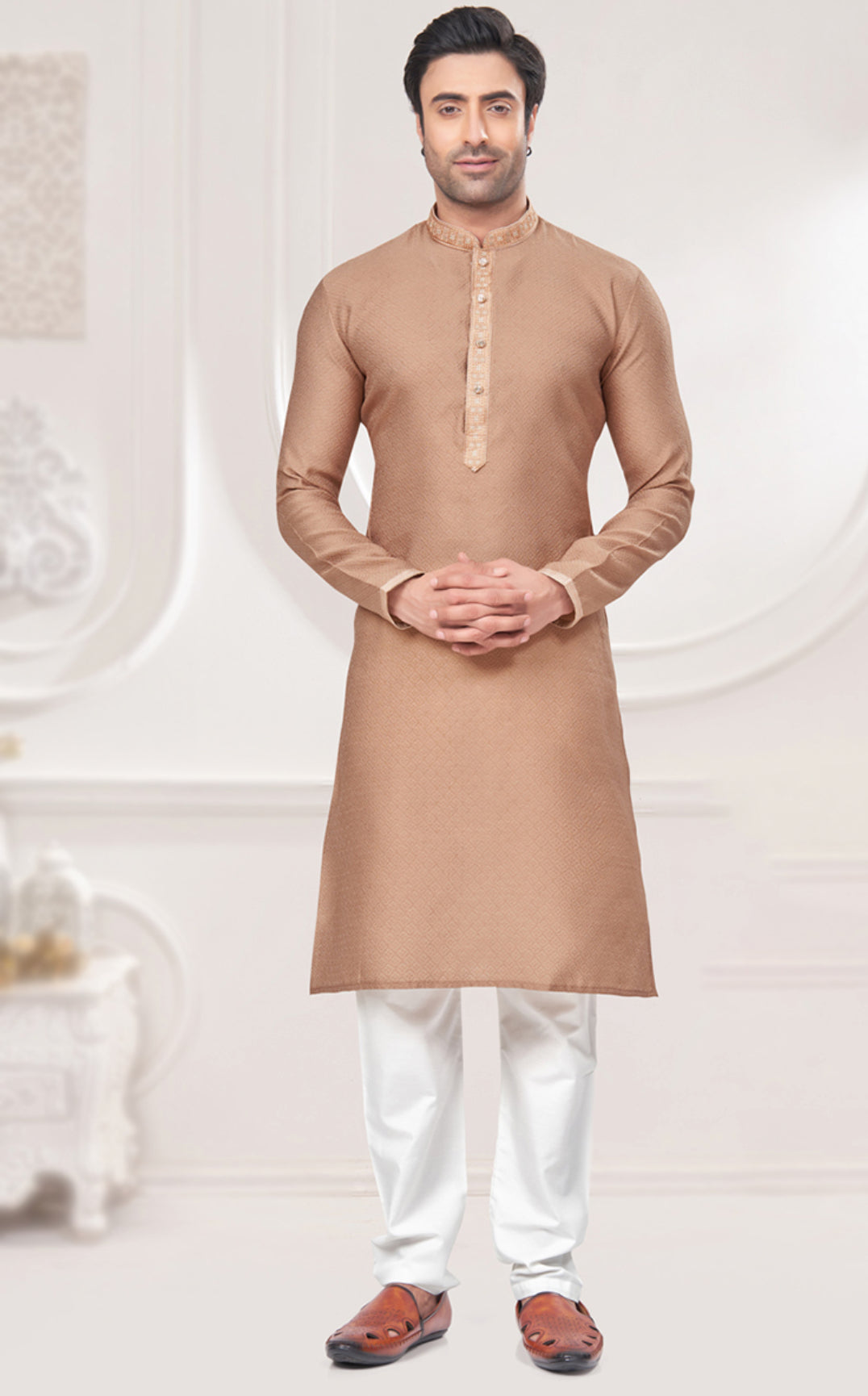 BeigeJacquard weaved Kurta for men