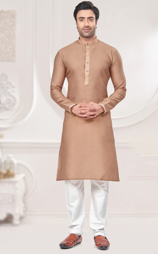 BeigeJacquard weaved Kurta for men