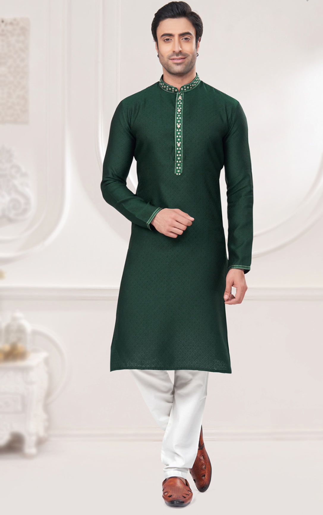 Bottle Green Jacquard weaved Kurta for men