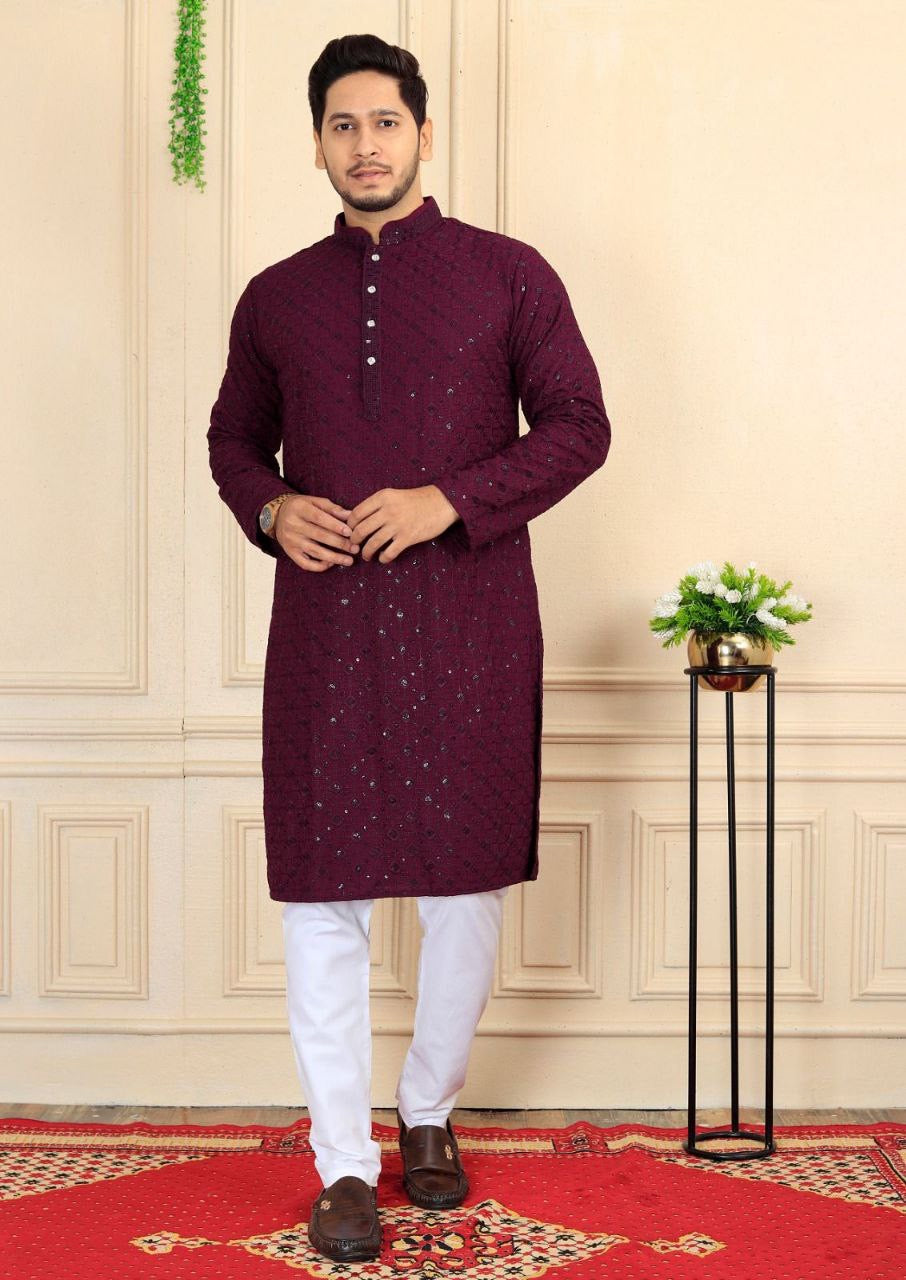 Arit Wine Color Men Embroidered Kurta with Pajamas HOUSE OF KURTAS