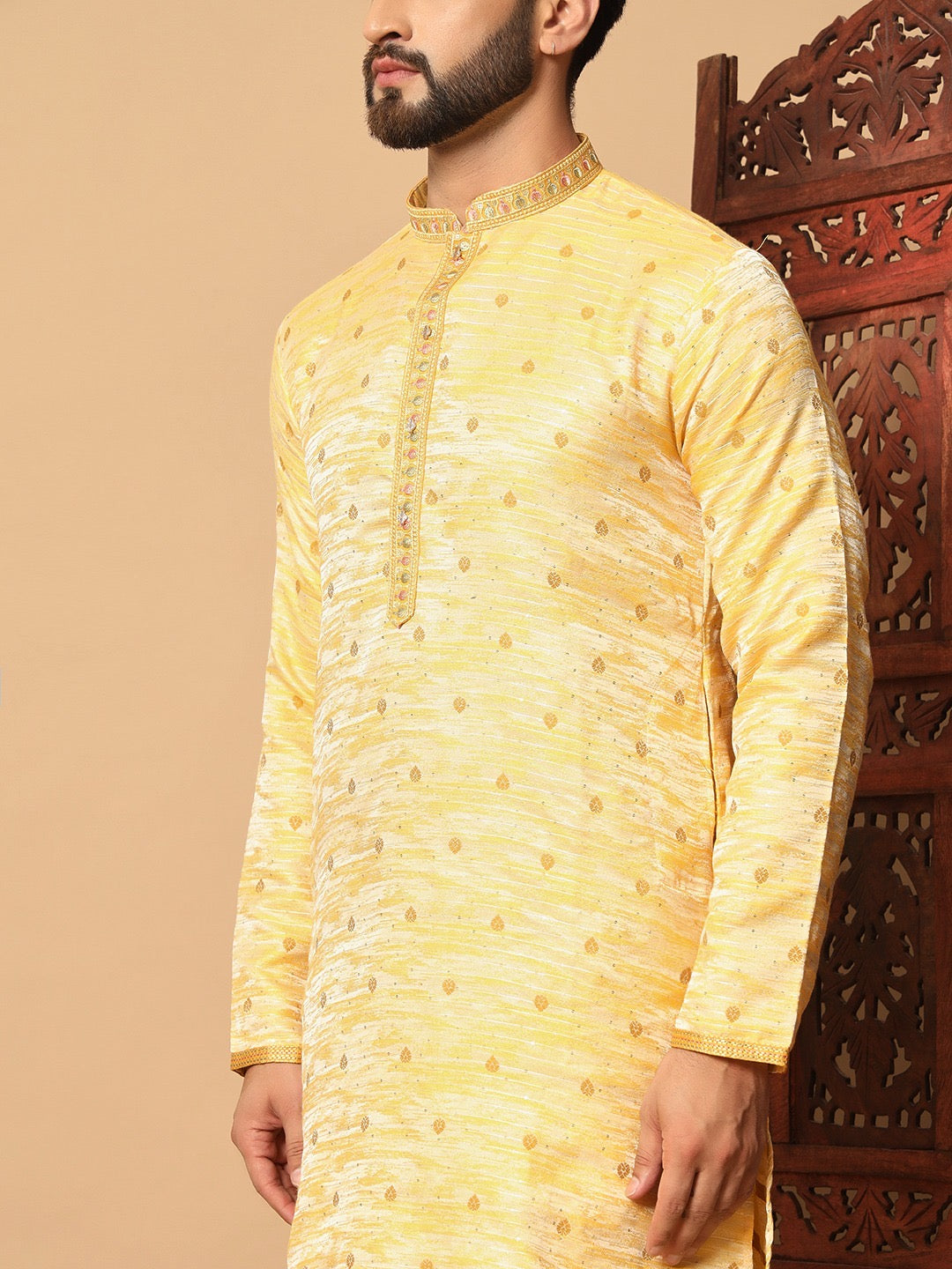 Yellow Jacquard Kurtas set with Sequins work