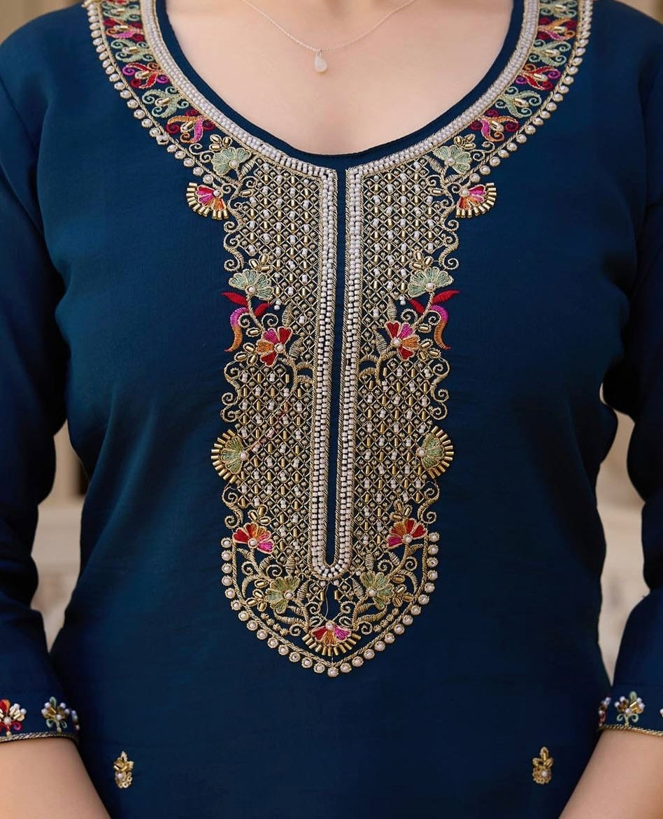 Blue Viscose Chanderi Kurti Set