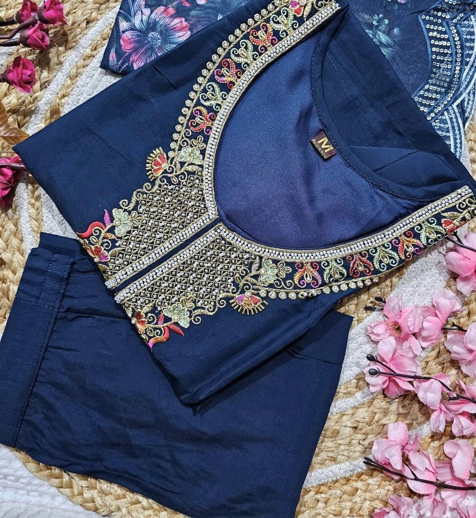 Blue Viscose Chanderi Kurti Set
