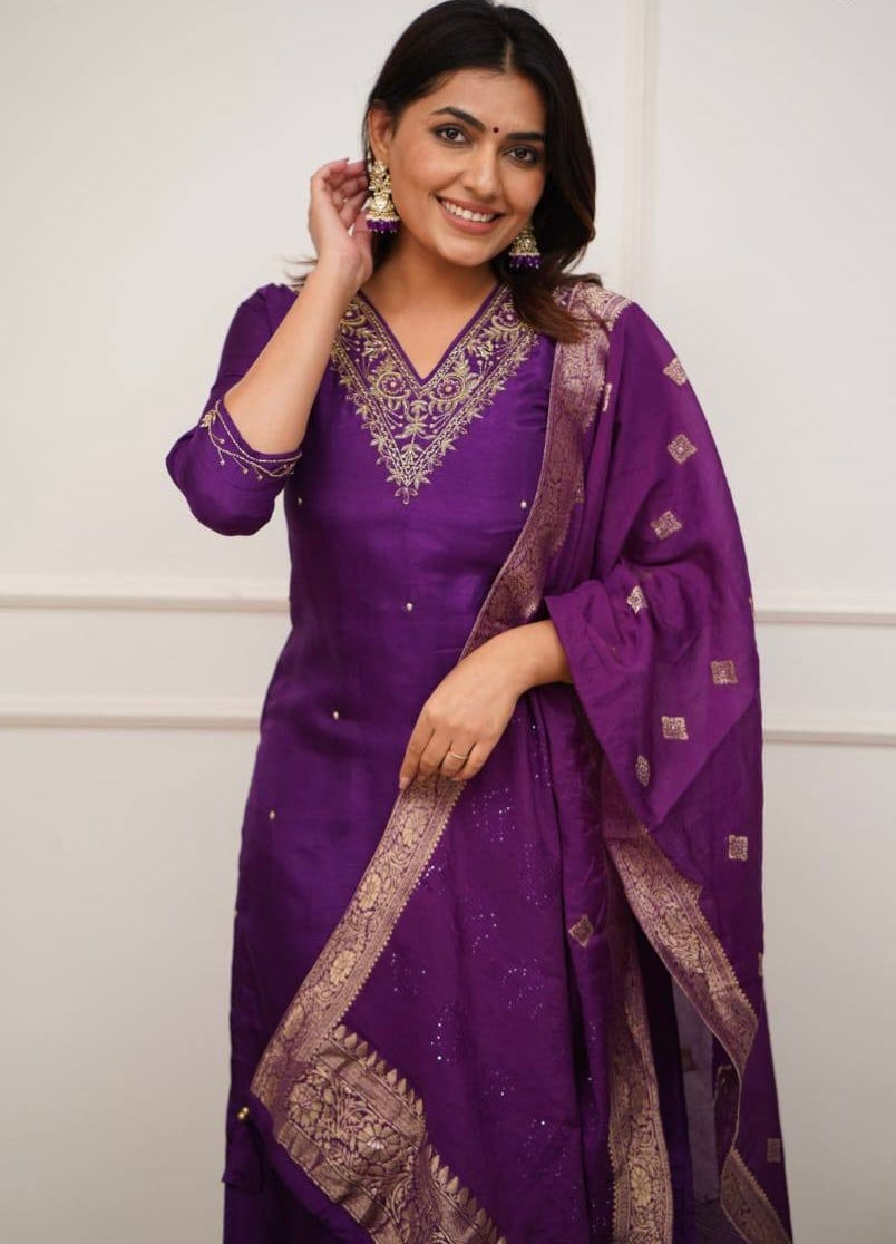 Purple Viscose Chanderi Kurti Set