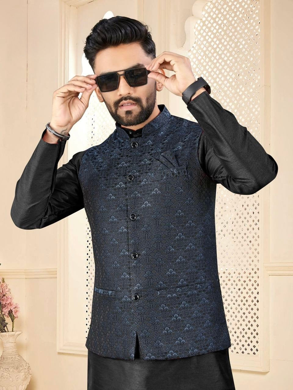 Men's Black Kurta Set with Embroidered Jacket