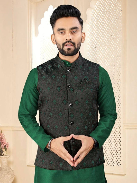 Men’s Green Kurta Set with Black Jacquard Jacket
