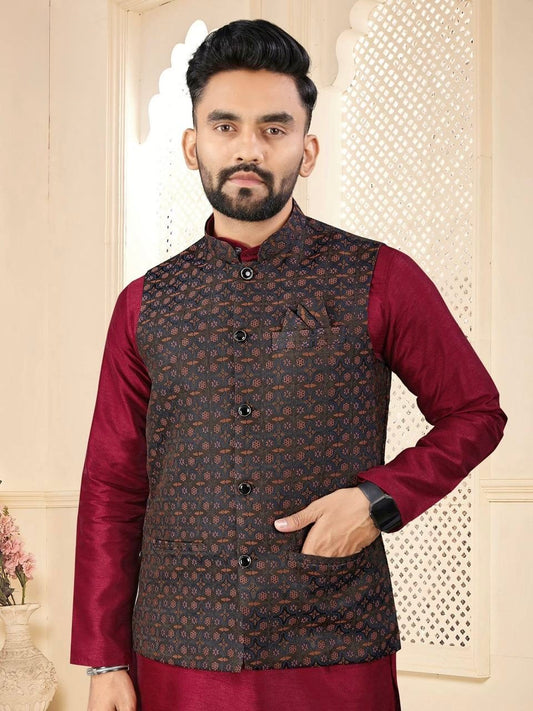 Men’s Wine Red Kurta Set with Embroidered Jacket
