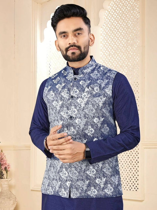 Men’s Blue Kurta Set with White Floral Jacket