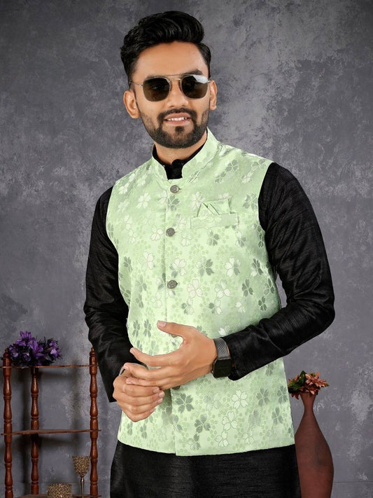 Men’s Black Kurta Set with Mint Green Jacket