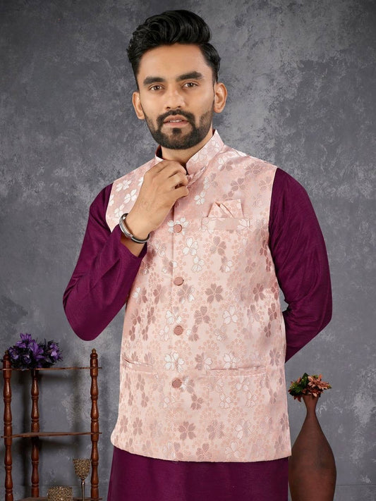 Men’s Purple Kurta Set with Peach Embroidered Jacket