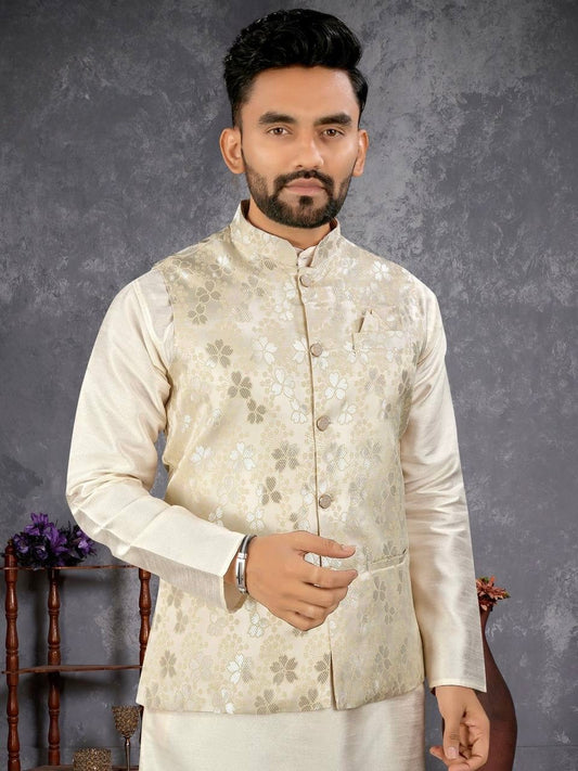Men’s Cream Kurta Set with Floral Nehru Jacket