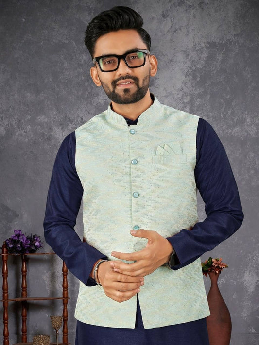 Men’s Blue Kurta Set with Embroidered Jacket