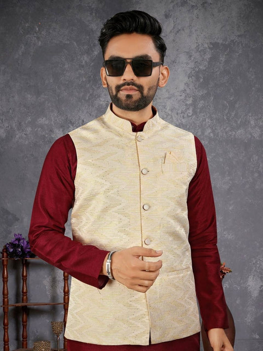 Men’s Maroon Kurta Set with Ivory Textured Nehru Jacket