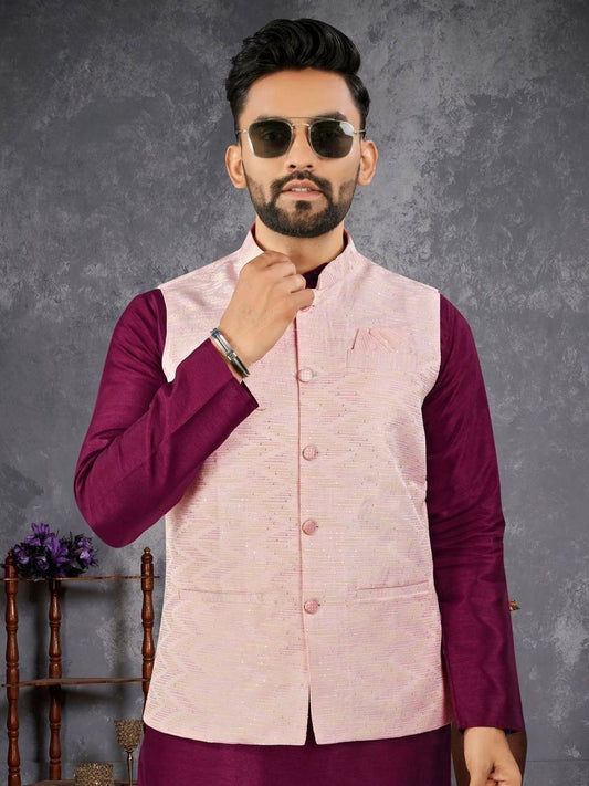 Men’s Purple Kurta Set with Pink Nehru Jacket