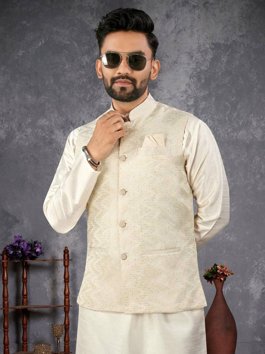 Men’s Cream Kurta Set with Subtle Jacquard Nehru Jacket
