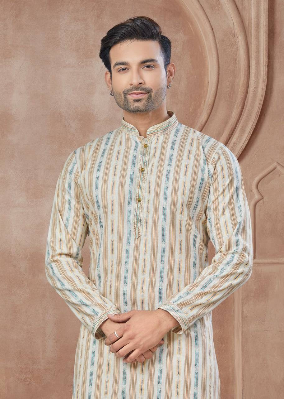 Light Beige Men’s Cotton Kurta with Pants