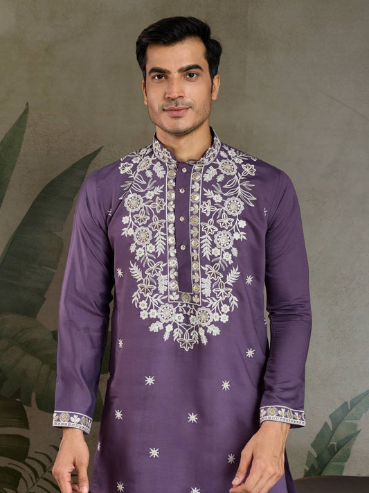 Pastel Purple Viscose Silk Embroidered Kurta for Men