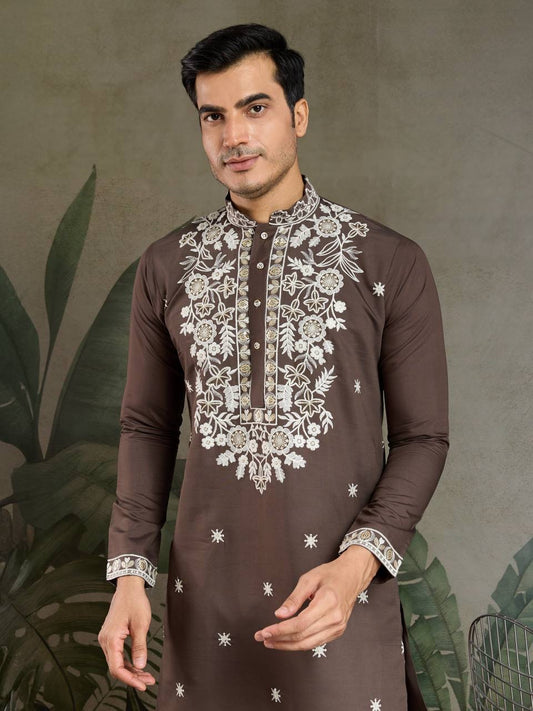 Pastel Brown Viscose Silk Embroidered Kurta for Men
