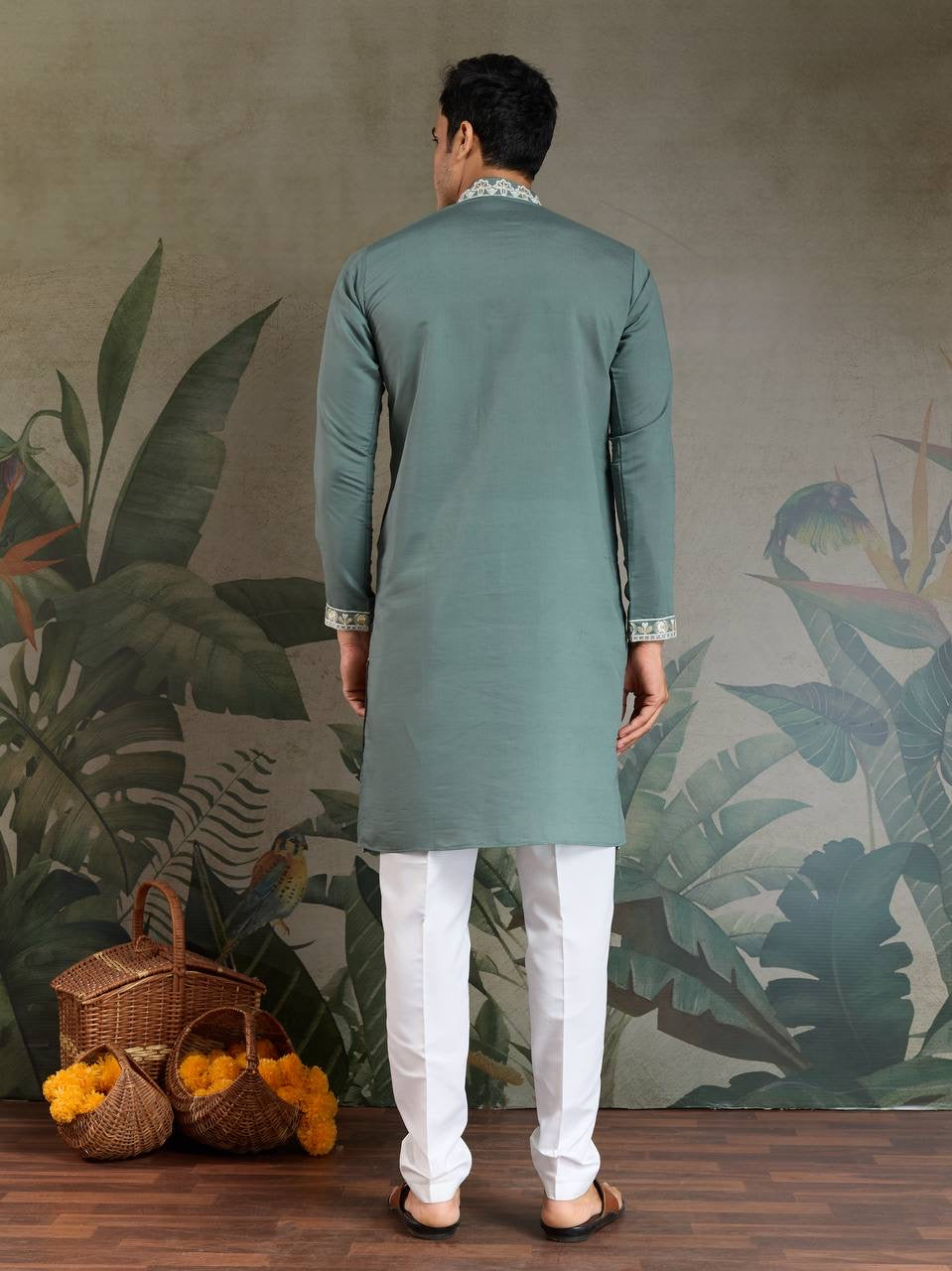 Pastel Viscose Silk Embroidered Kurta for Men