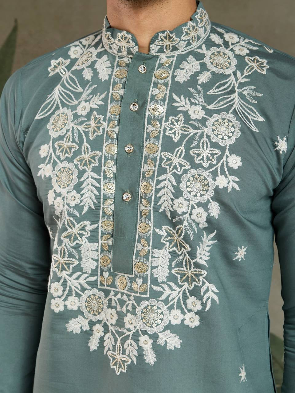 Pastel Viscose Silk Embroidered Kurta for Men