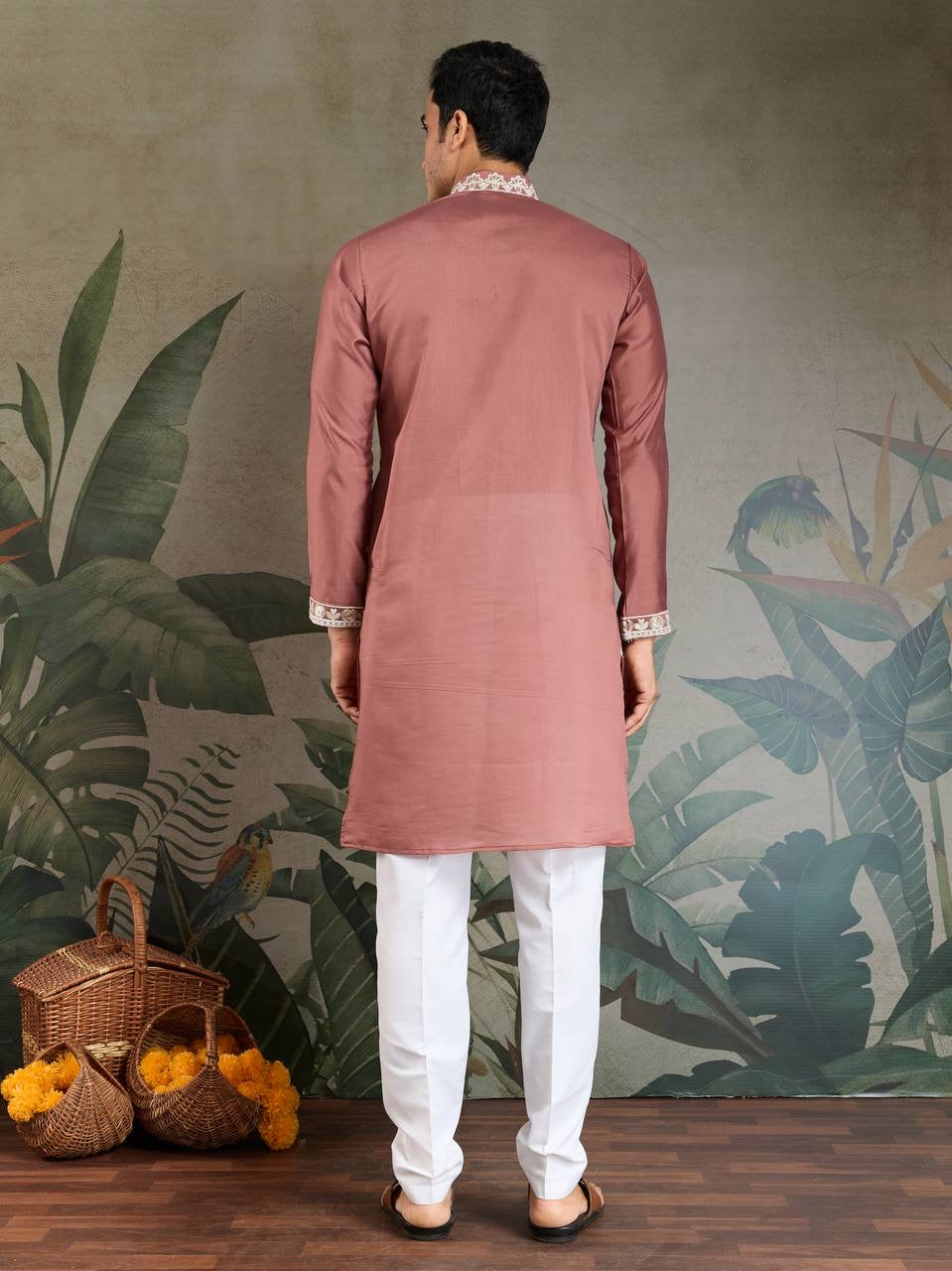 Pastel Dusty Rose Viscose Silk Embroidered Kurta for Men