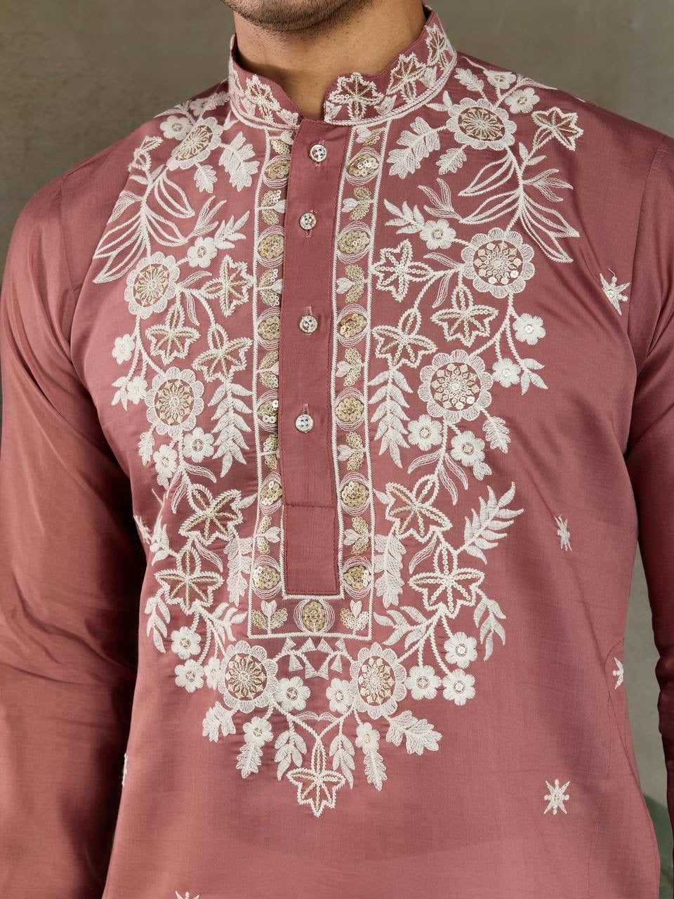 Pastel Dusty Rose Viscose Silk Embroidered Kurta for Men