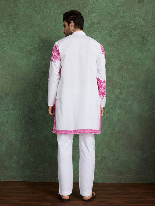 Elegant White & Pink Embroidered Kurta for Men