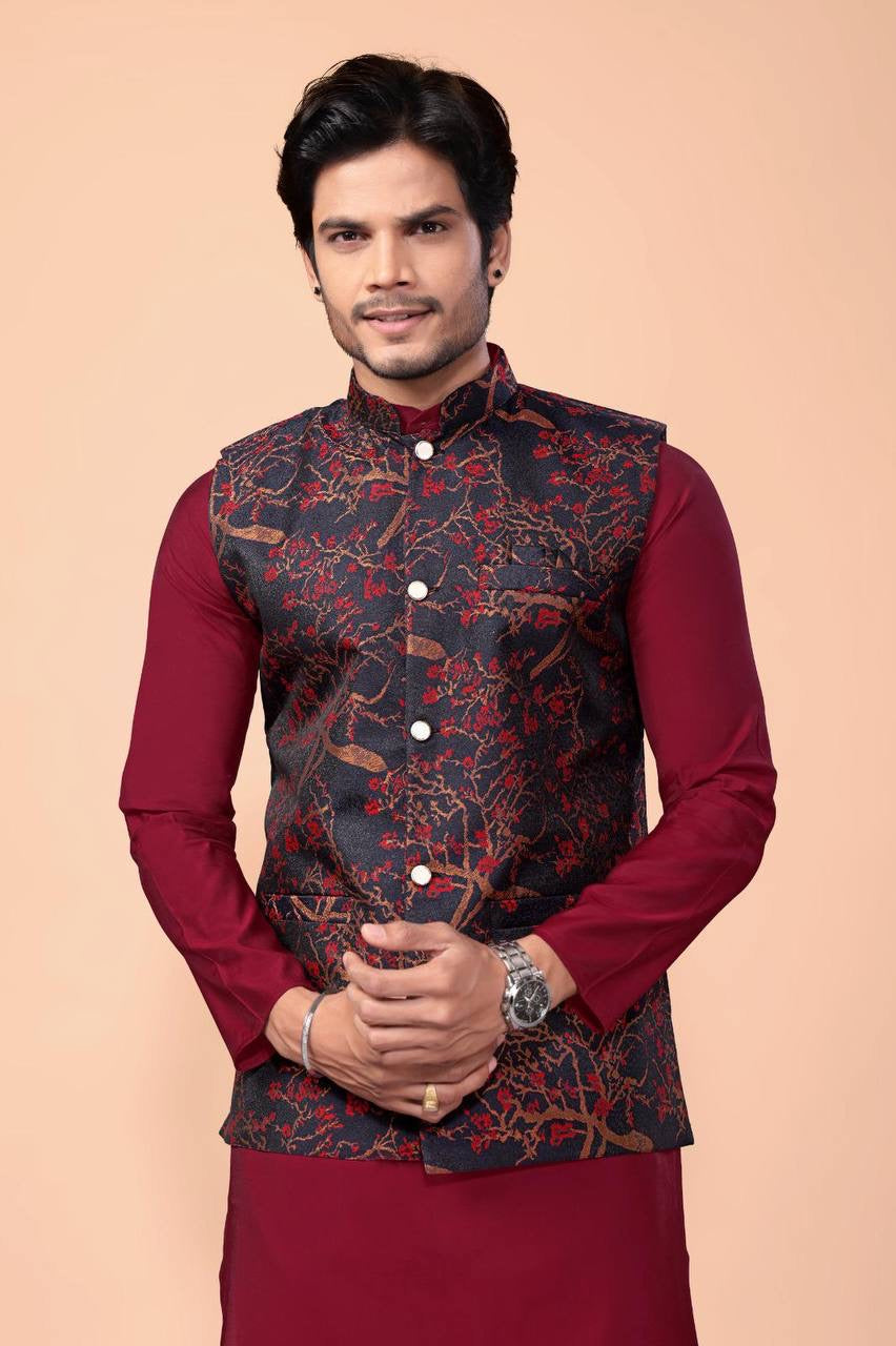 Maroon Kurta Set with Floral Nehru Jacket