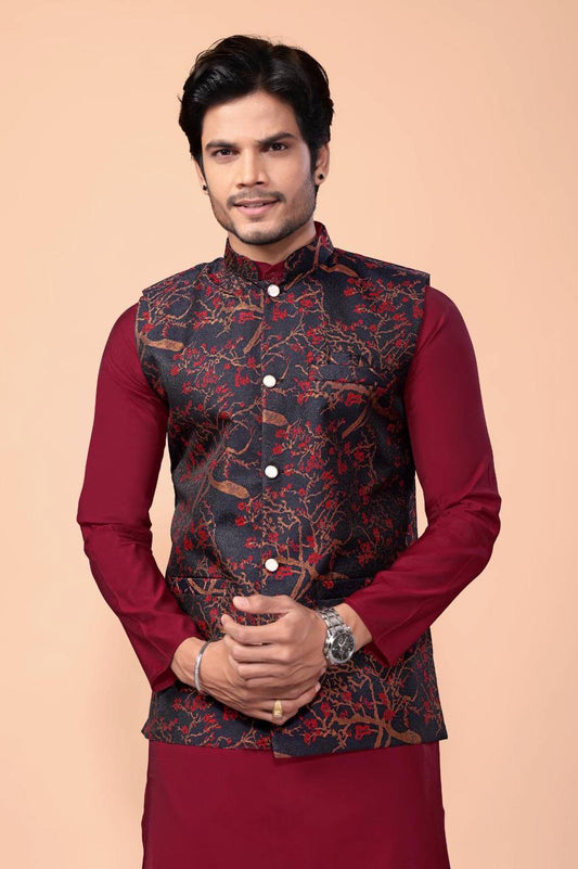 Maroon Kurta Set with Floral Nehru Jacket