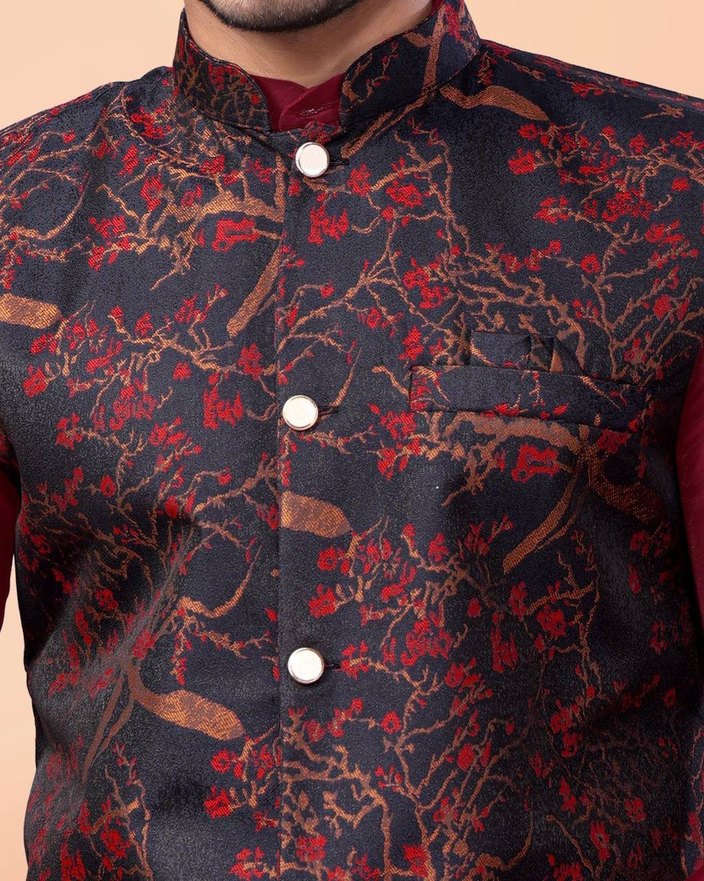 Maroon Kurta Set with Floral Nehru Jacket