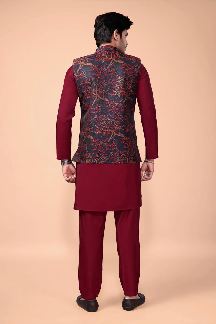 Maroon Kurta Set with Floral Nehru Jacket