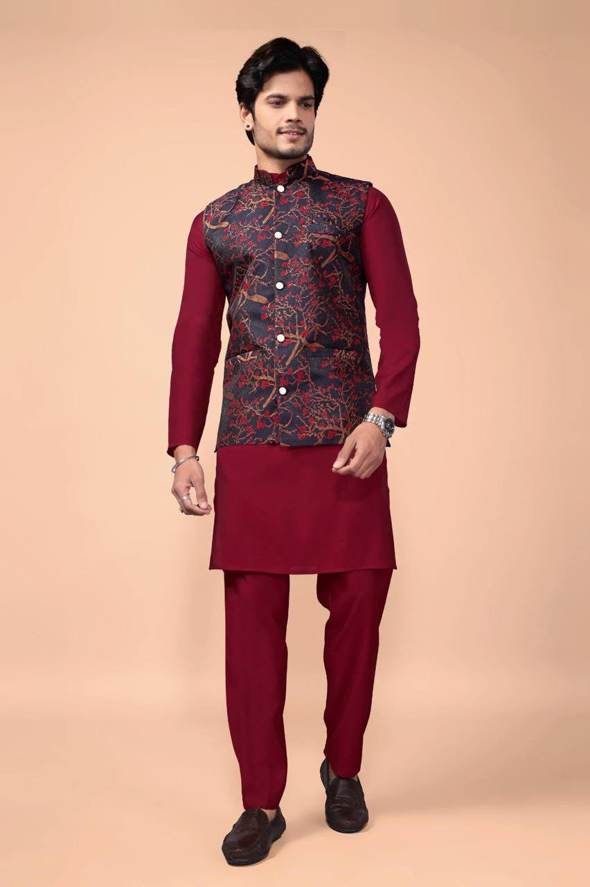 Maroon Kurta Set with Floral Nehru Jacket - Main Image