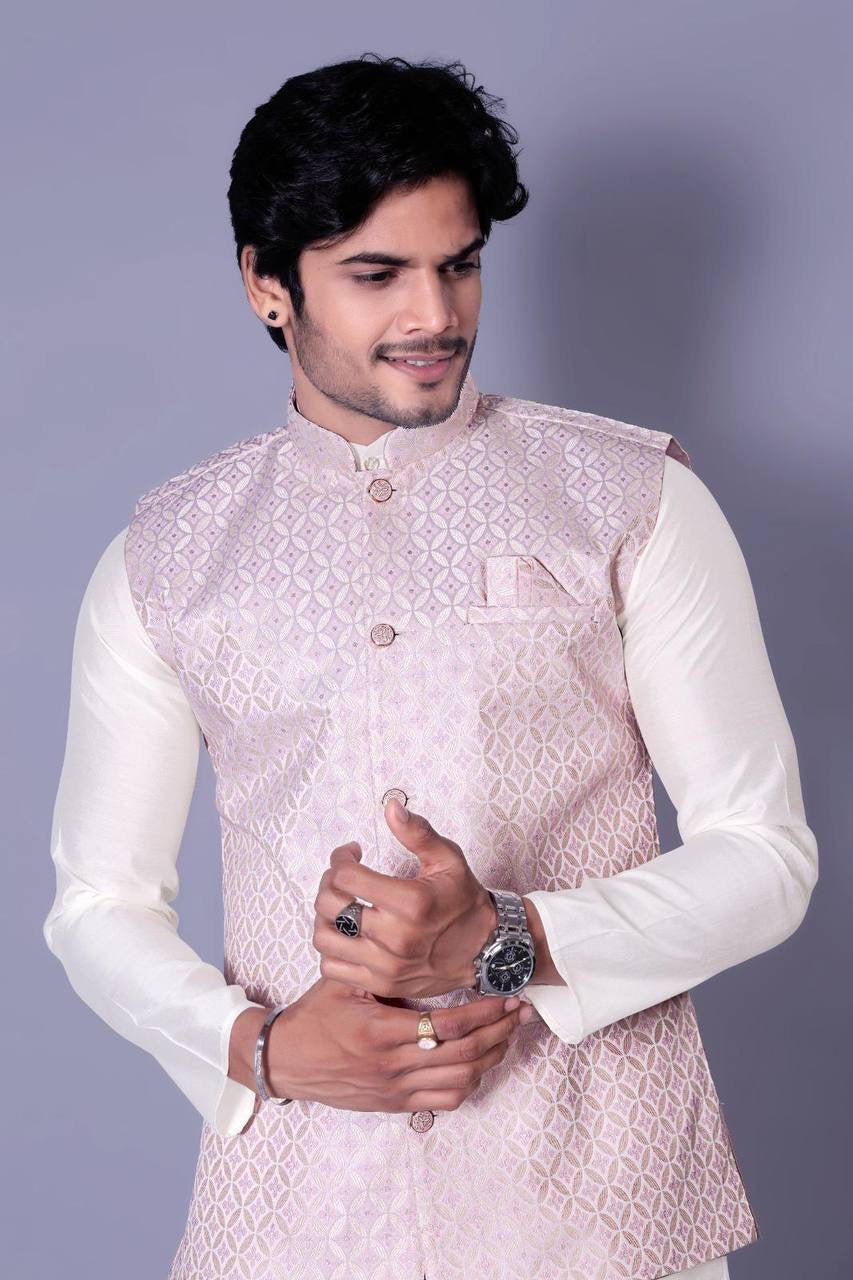 Cream Kurta Set with Pastel Pink Nehru Jacket