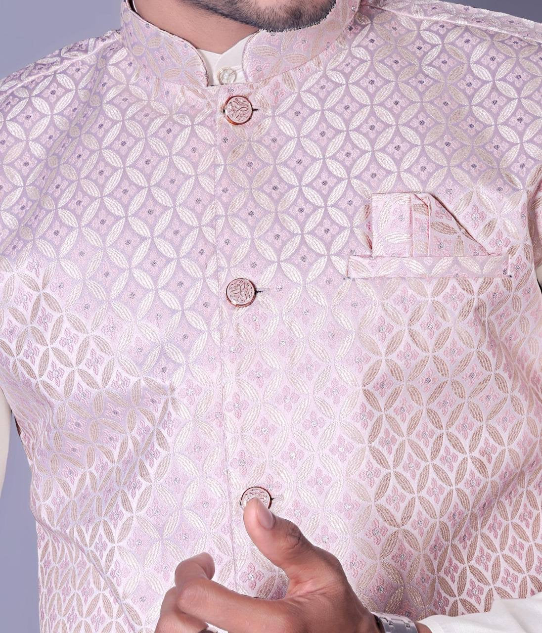 Cream Kurta Set with Pastel Pink Nehru Jacket