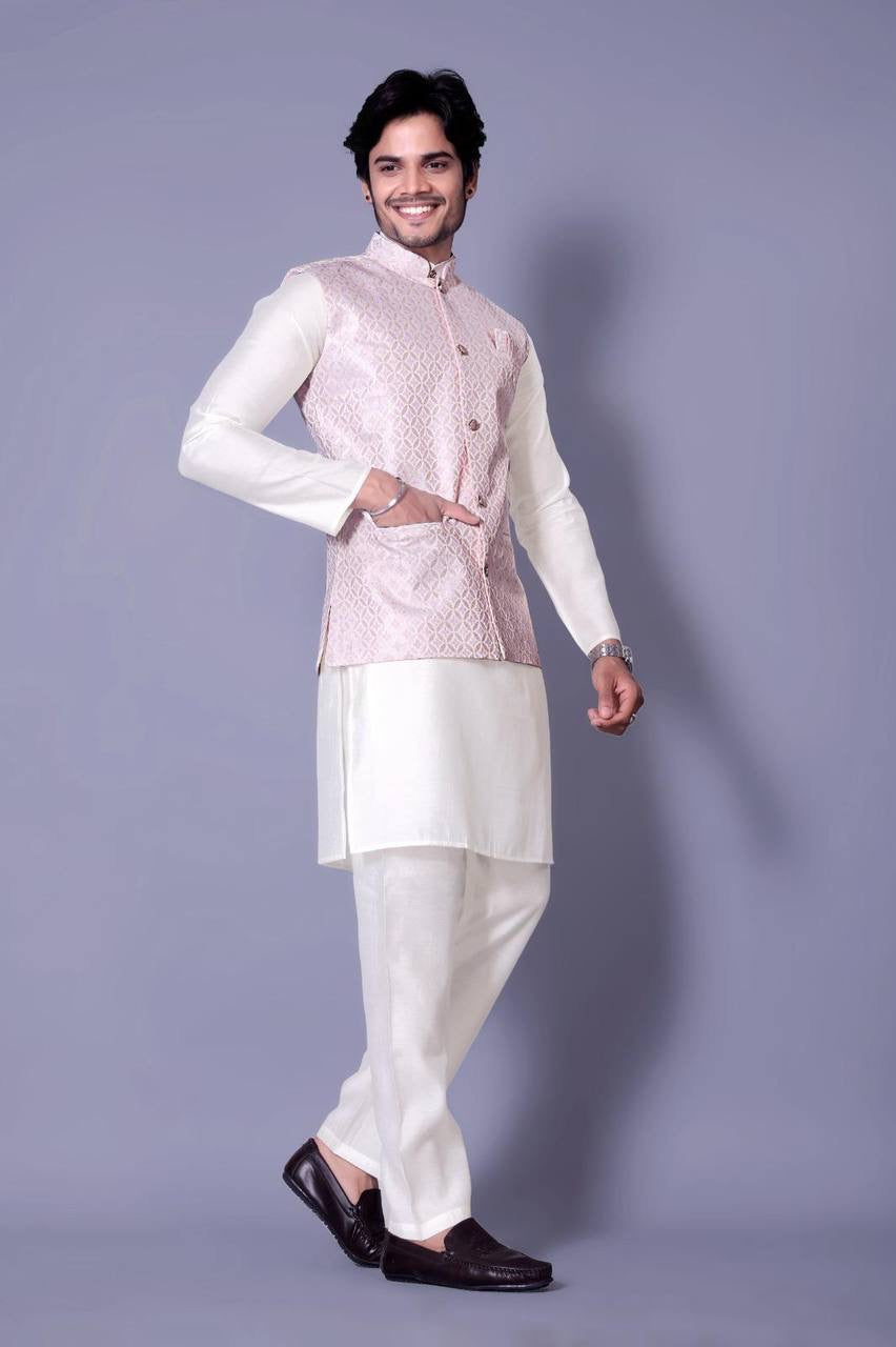 Cream Kurta Set with Pastel Pink Nehru Jacket