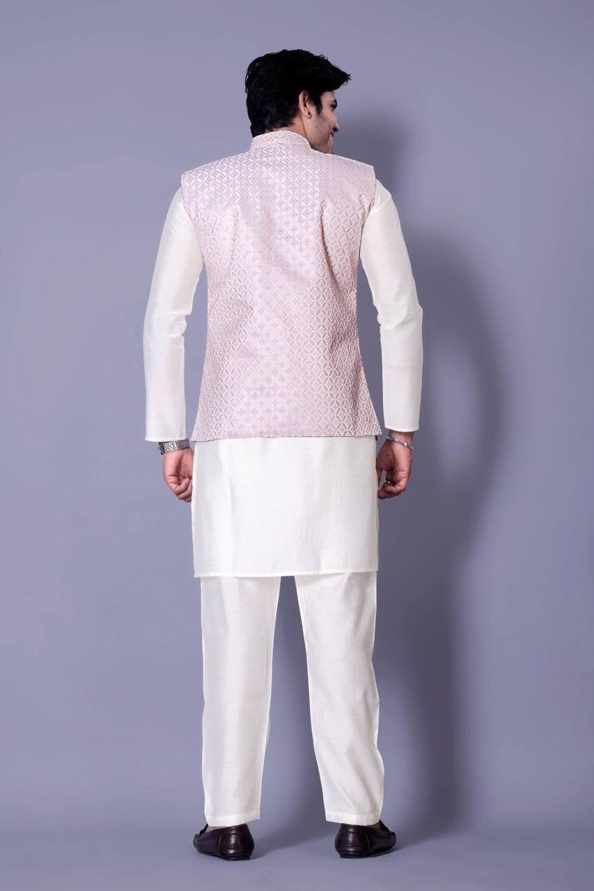 Cream Kurta Set with Pastel Pink Nehru Jacket