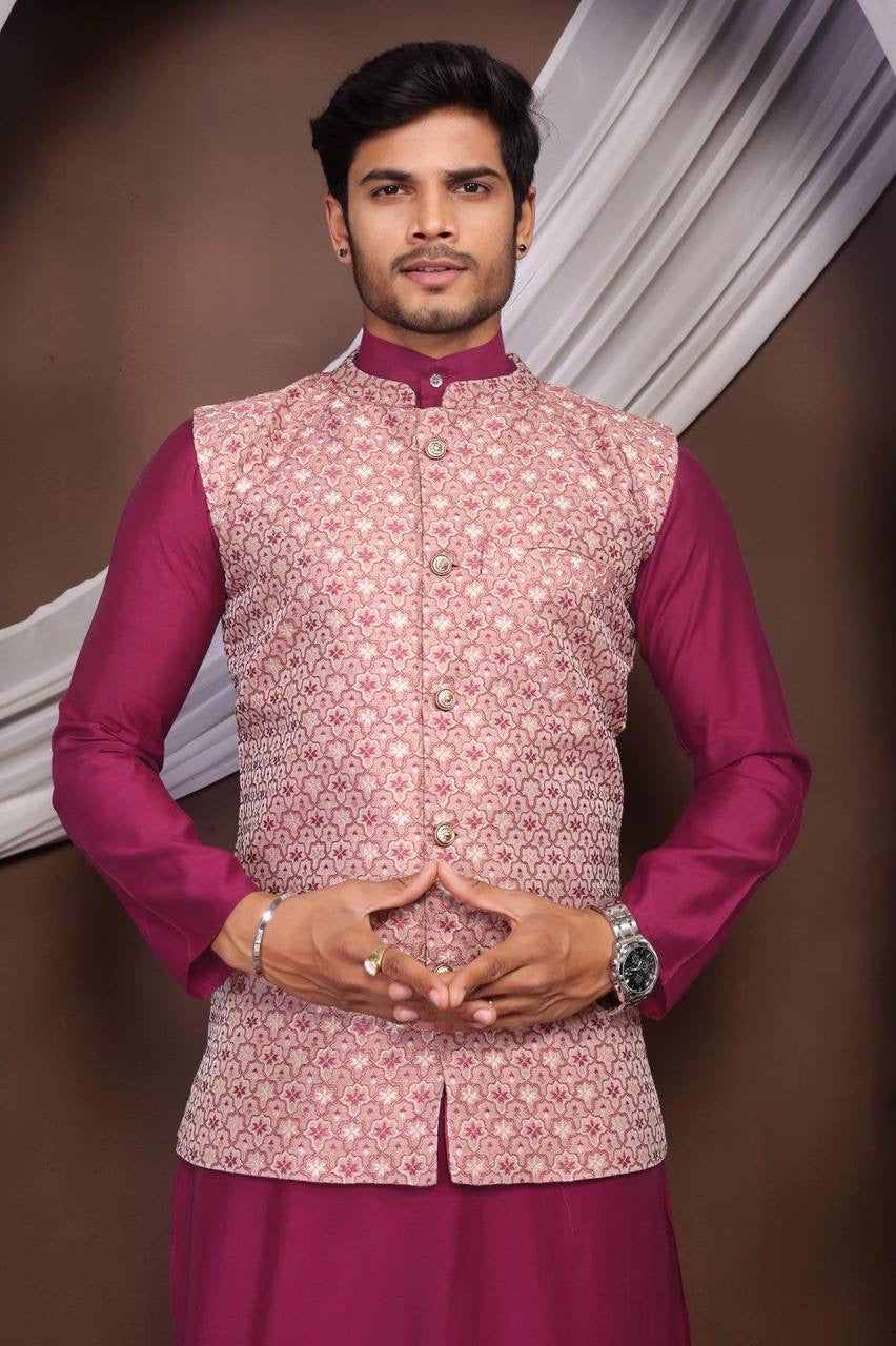 Kurta Set with Pink Brocade Nehru Jacket
