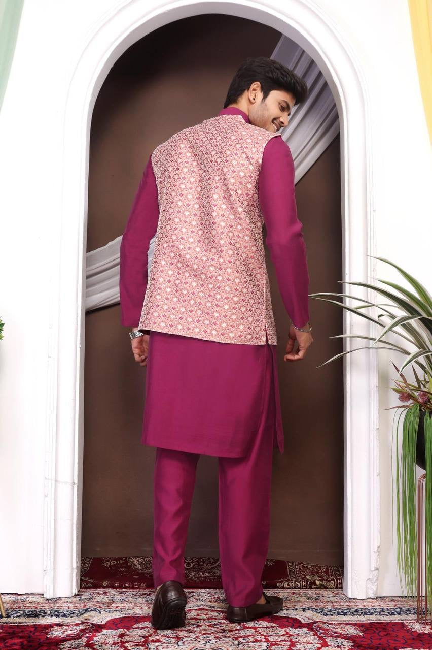 Kurta Set with Pink Brocade Nehru Jacket