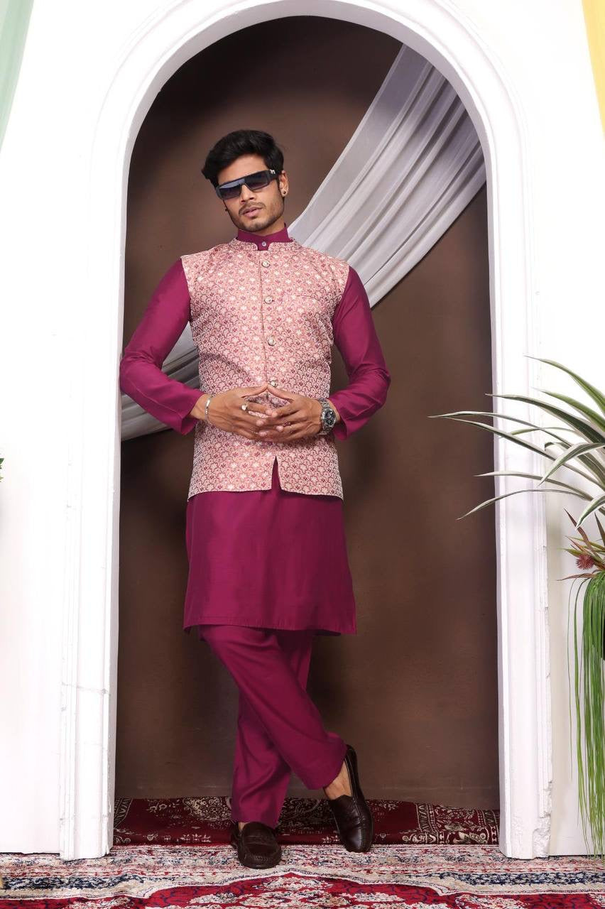 Kurta Set with Pink Brocade Nehru Jacket