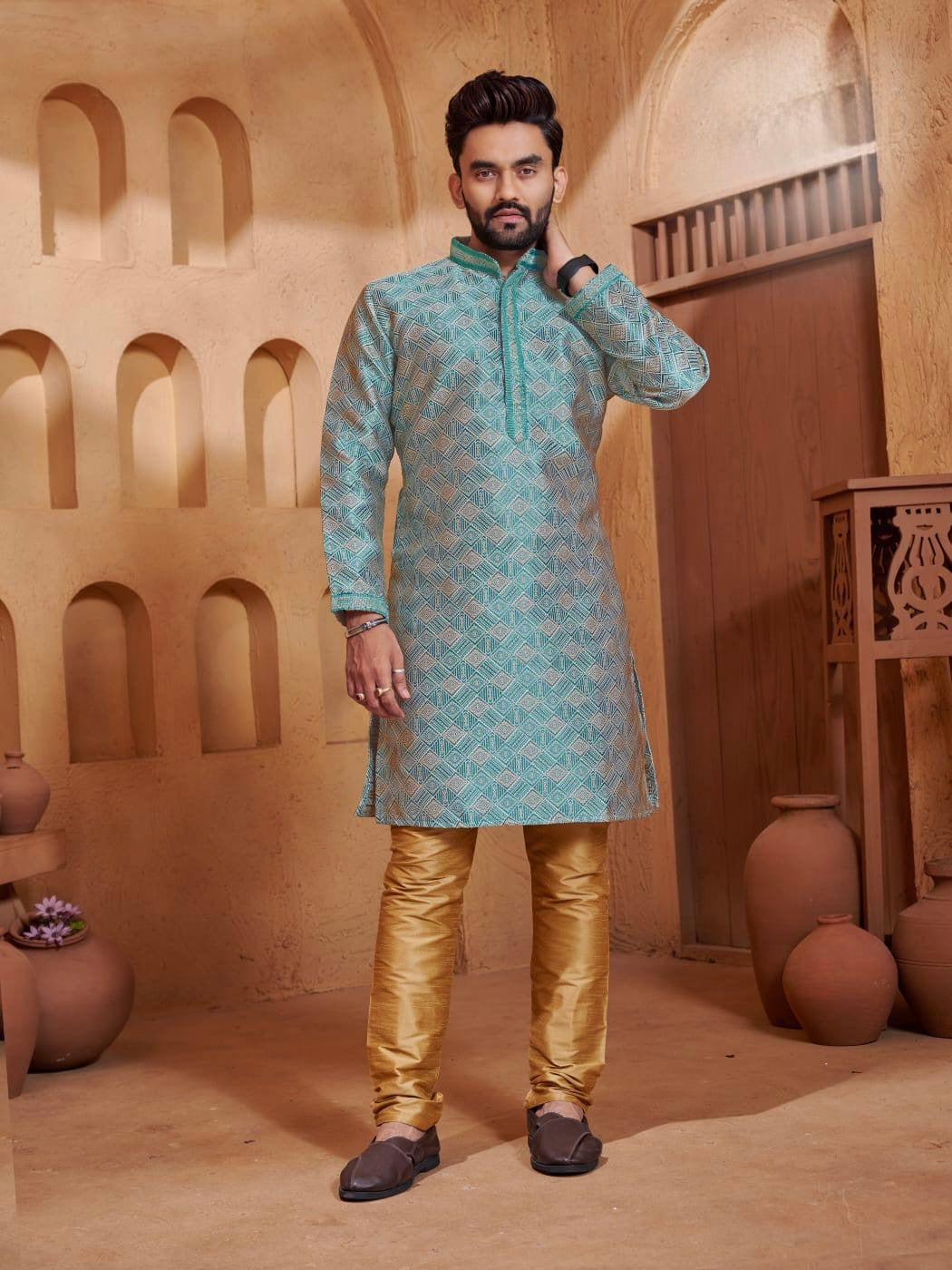 Men’s Jacquard Kurta Set with Silk Pajama