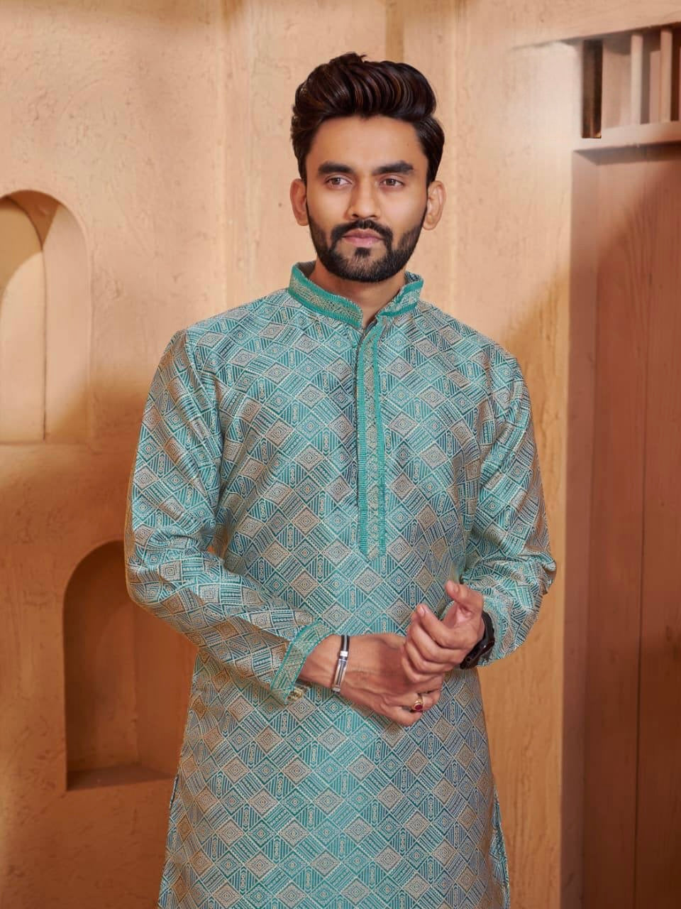 Men’s Jacquard Kurta Set with Silk Pajama