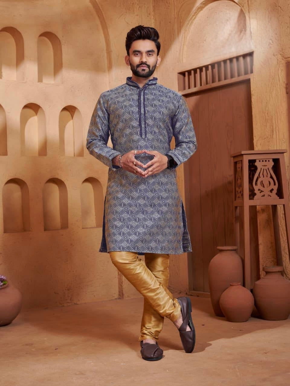 Men’s Jacquard Kurta Set with Silk Pajama
