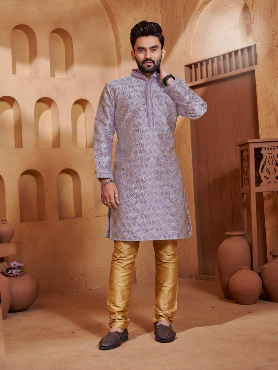 Men’s Jacquard Kurta Set with Silk Pajama