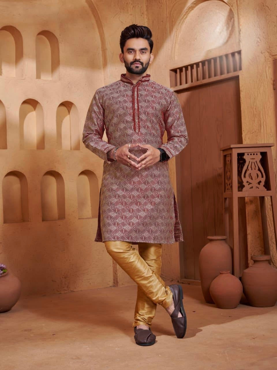 Men’s Jacquard Kurta Set with Silk Pajama