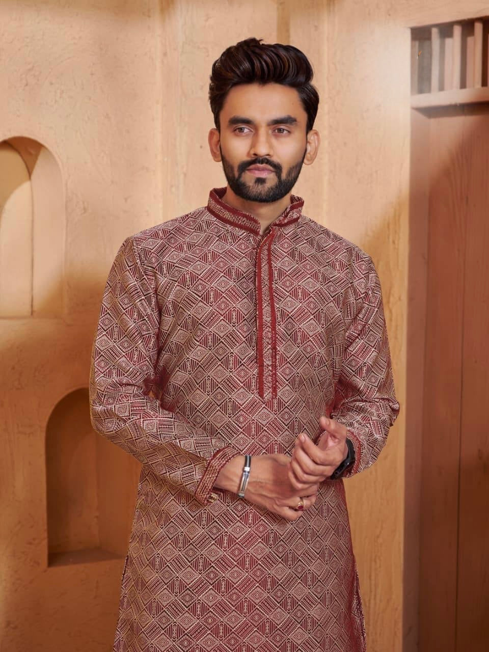 Men’s Jacquard Kurta Set with Silk Pajama